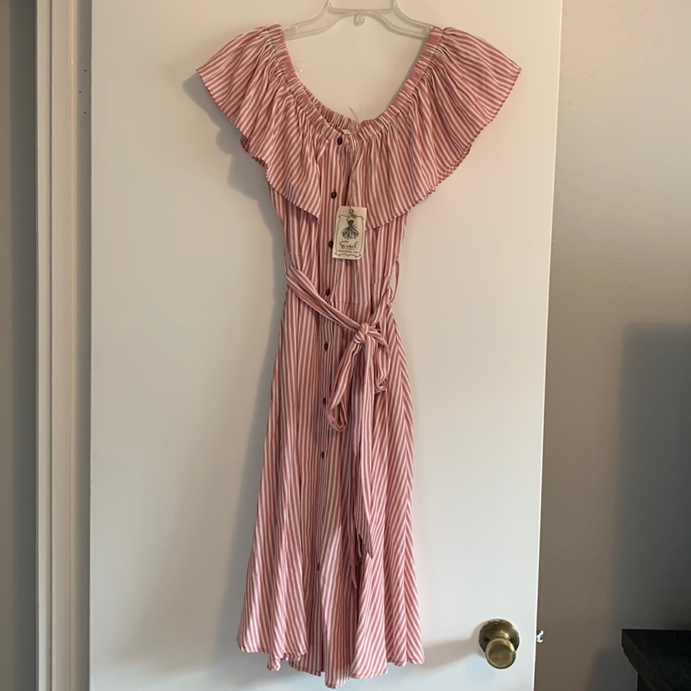 Easel off the shoulder pink and white stripped summer dress